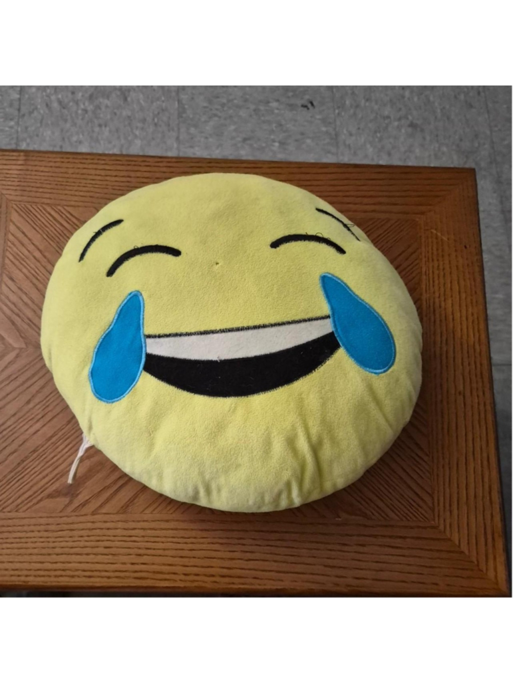 Yellow laughing emoji pillow with blue tears #emoji #laughing